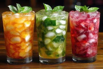 Three colorful mixed cocktails with ice and mint on a wooden bar. Use it for summer drinks, refreshing beverages, or cocktail recipes.