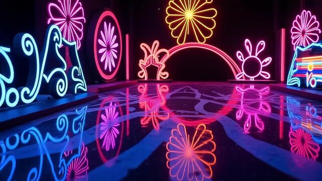 Vibrant neon floral designs glow and reflect on a wet, artistic surface creating a captivating, dynamic visual spectacle