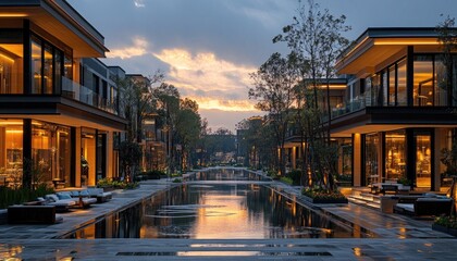 Obraz premium Luxury homes line water feature in dusk light, modern architecture. Use this image for real estate or travel destination advertising needs.