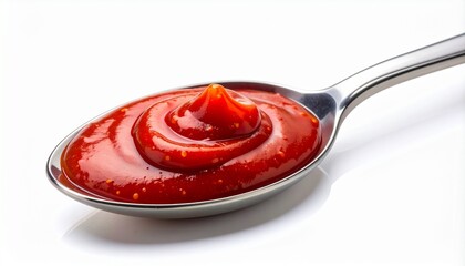Vibrant chili sauce on a spoon, perfectly swirled to showcase its heat, thickness, and appetizing deep red color.