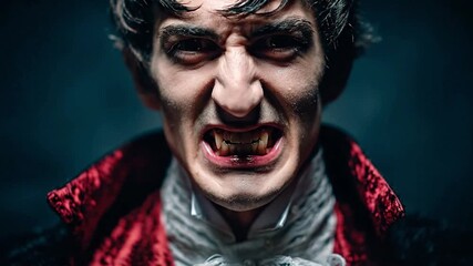 A man with bared fangs evoking a vampire persona with dark hair sharp teeth and intense gaze against a dark backdrop - Powered by Adobe