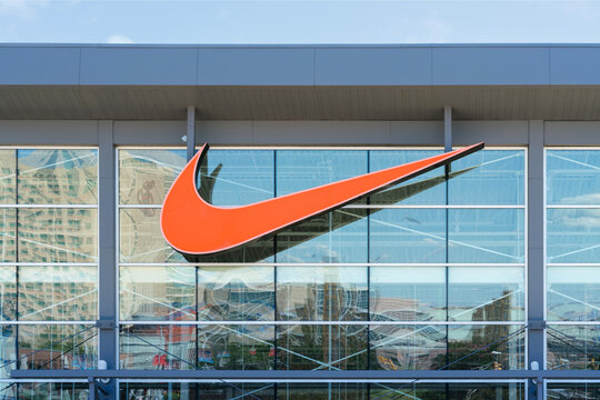 Atlantic City, NJ - Aug 26, 2025: Close-up view of Nike is a multinational corporation, that designs, markets, and sells athletic footwear, apparel, equipment, and accessories, founded in 1964