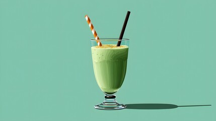 Refreshing Green Smoothie Drink in a Stylish Glass with Straw on a Light Background