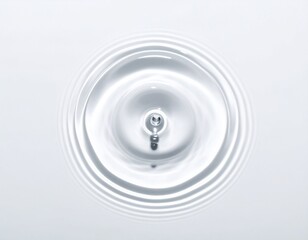 Minimalist top view of a single water droplet creating soft circular ripples on a clean white surface, symbolizing purity, calm, and harmony.