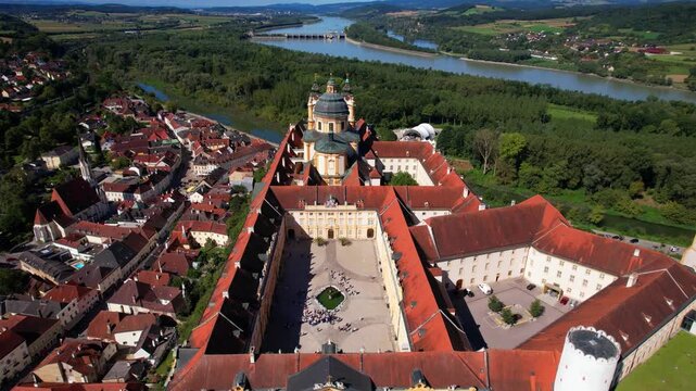 Melk Abbey  one of the biggest and most beautiful European Baroque moasteries. Baroqque architecture in Wachau valley in Danube river. UNESCO World Heritage Site .aerial  drone footage