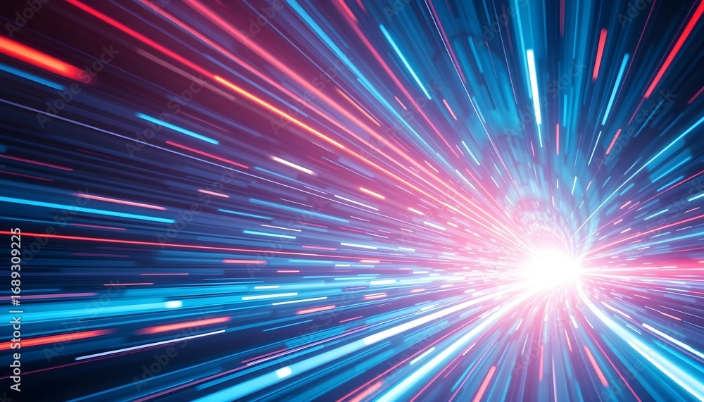 Poster an abstract representation of high-speed data transfer with glowing red and blue light trails moving