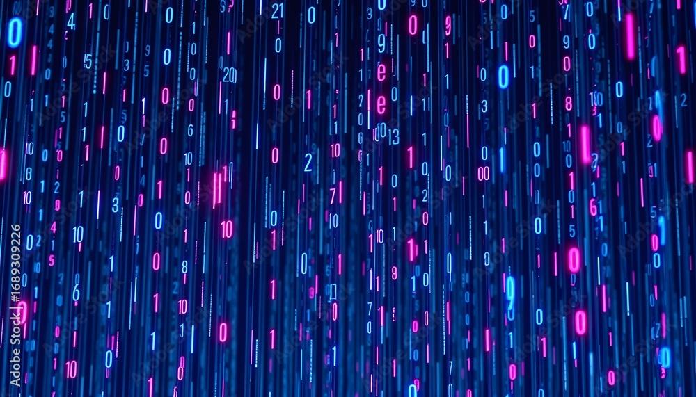 Poster abstract digital rain of glowing binary code in shades of blue and pink against a dark background.