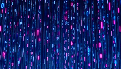 Abstract digital rain of glowing binary code in shades of blue and pink against a dark background.