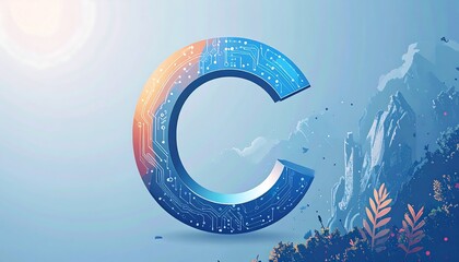 3D letter 'C' with circuit board texture, mountain and nature background
