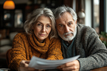 Older couple reading newspaper together.