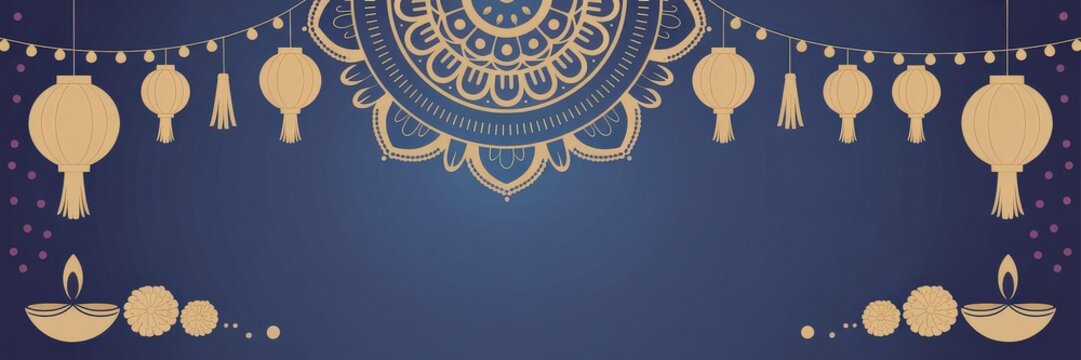 Diwali Paper-Cut Vector Baner &mdash; Navy Blue & Gold Manala, Hanging Lanterns, Diys & Marigolds &mdash; HorizontalHeader Copy Space Social Mdia, Email & Sale