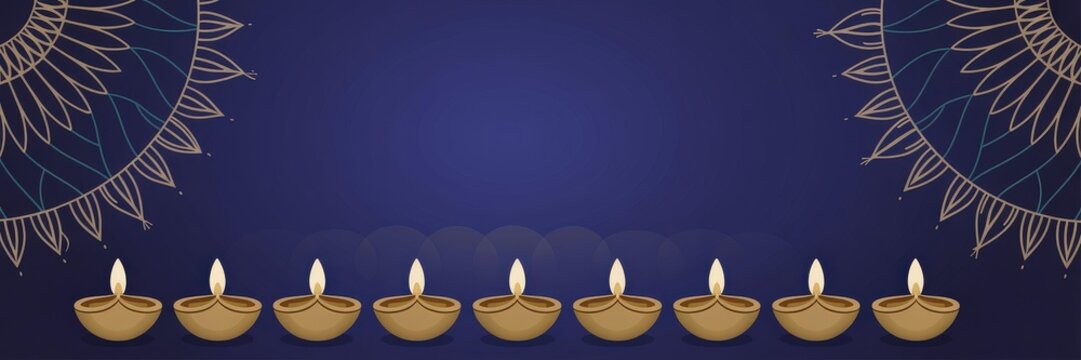 Diwali Banner Vector - Panoramic Row 8 Golden Diyas eep Navy Gradient Gold Manala Corners & Copy Space