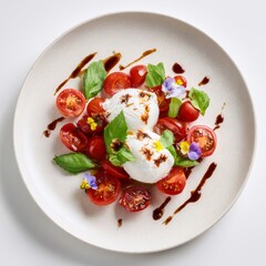 A beautifully plated burrata salad with fresh cherry tomatoes and basil, drizzled with balsamic glaze