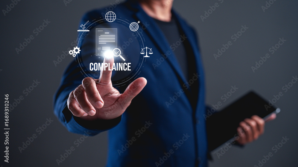 Poster a professional individual interacts with a digital interface showcasing the concept of compliance, e