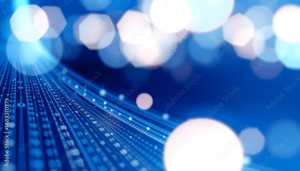 Poster abstract blue background representing a digital highway with glowing data streams and bokeh light ef