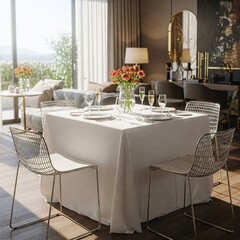 Luxury interior of a modern restaurant with white table and chairs