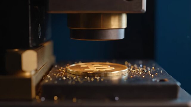 Industrial coin press head hovering above a physical bitcoin token on a metal workbench, precision minting and die stamping with golden metal shavings, illustrating cryptocurrency production