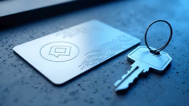 Metal smart card with etched circuit pattern and physical key on dark textured surface, cybersecurity and access control, NFC authentication and encryption for identity management