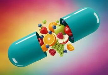 Teal and gold capsule spilling healthy fruits onto vibrant background