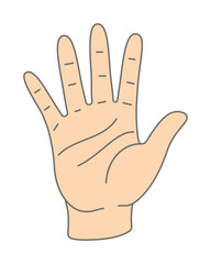 Illustration of an open palm showing 5 fingers in a cartoon style. Symbol of gesture, communication, stop sign, help or expression. Hands with five fingers palm forward. EPS 10 Vector illustration