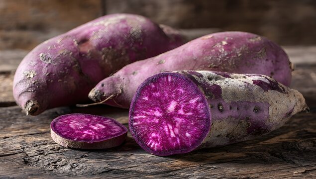 Close-up of vibrant purple sweet potatoes on a rustic wooden surface. Freshly harvested, raw, and sliced, showcasing their rich color and natural texture. Healthy and nutritious root vegetable.