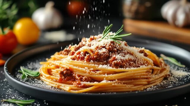 Sprinkling parmesan cheese on spaghetti bolognese pasta.