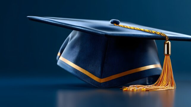 Classic Graduation Cap with Gold Tassel on a Vibrant Blue Background Symbolizing Achievement