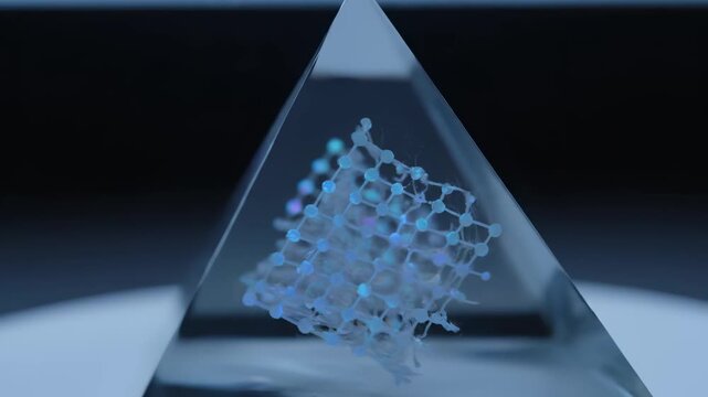 Abstract glass pyramid with holographic lattice and glowing nodes, on a reflective pedestal under cool blue lighting, symbolizing data networks, blockchain security, quantum computing