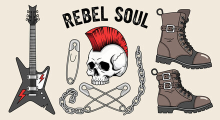 Creative collection of punk rock accessories flat vector illustration