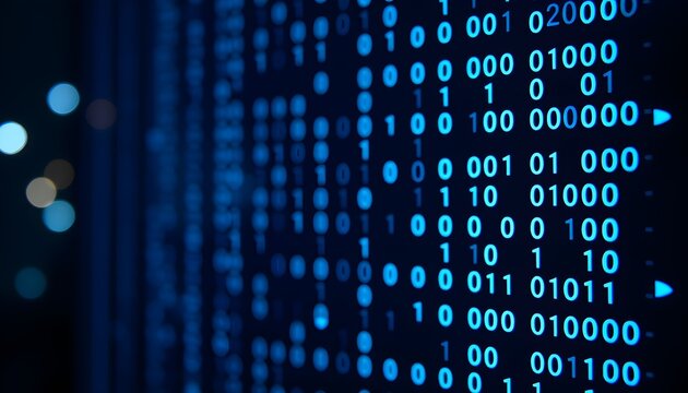 A close-up view of glowing blue binary code streaming across a dark computer screen, representing data and technology.