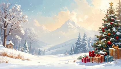A winter landscape adorned with a decorated Christmas tree and gifts, evoking the holiday spirit amidst a snowy wonderland. The scene captures the serene beauty of a snow-covered mountain, a cabin.