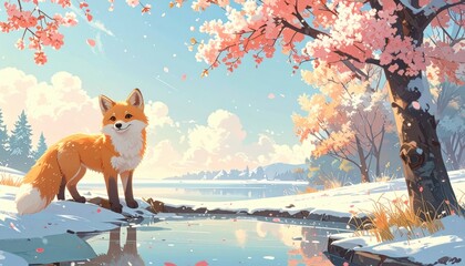 a beautiful fox stands by a snowy river in a dreamy, cherry blossom-filled winter landscape. The fox's fur is a vibrant orange and white, contrasting beautifully with the pastel colors of the scene