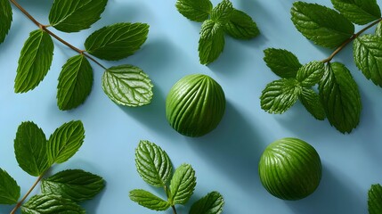 Arrangement of Green Leaves and Textured Green Fruit on a Light Blue Background