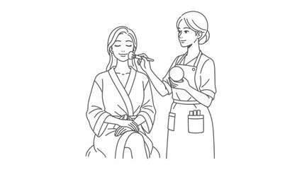 Stylist applying makeup to a woman wearing a robe and headband in a salon setting