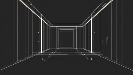 Infinite Perspective of a Dark Corridor with Abstract Light Patterns and Geometric Lines