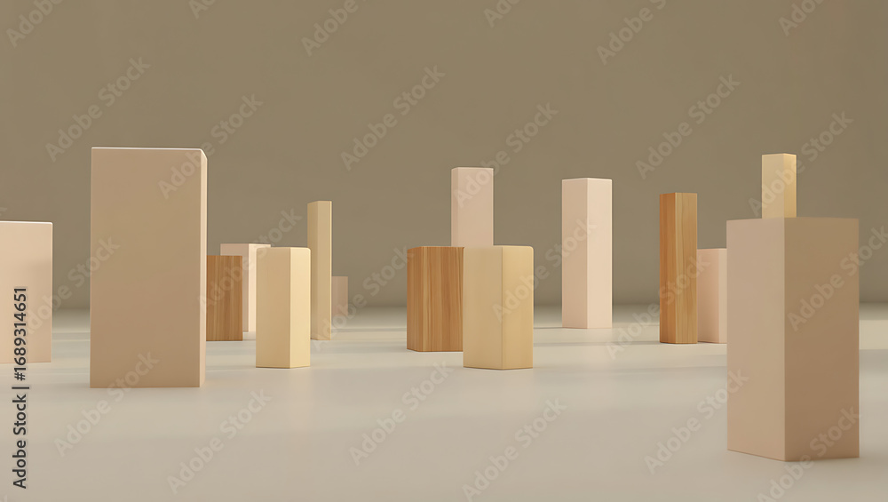 Poster abstract composition of various sized rectangular blocks and wooden pillars in a neutral toned studi