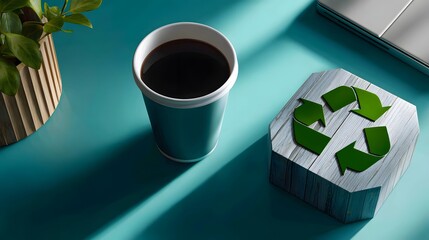 Eco-Friendly Coffee Cup Next to Recyclable Material on a Modern Workspace Desk