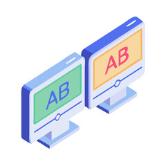 Two isometric computer monitors displaying the letters ab in different colors representing a b testing comparison and analysis