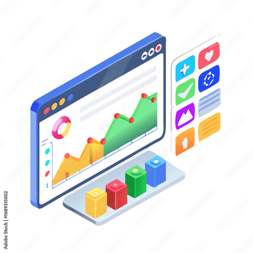 Aufkleber isometric digital dashboard displaying financial charts and graphs with colorful icons for data anal