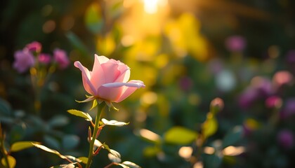 Obraz premium Close-up of a beautiful pink rose in a garden at sunset.