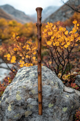 Stick balanced on rocky mountain terrain.