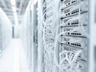 Intricate White Network Cables on Servers in a Bright, Modern Data Center