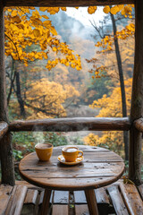 A cup of coffee on a wooden table in the woods.