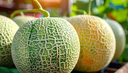 Close-up of fresh cantaloupe melons with textured green skin in natural sunlight, highlighting their unique pattern and farm-fresh quality.