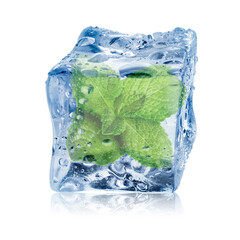 Fresh mint leaves inside clear ice cube on white background