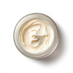 Top-down view of a cosmetic cream jar with a smooth, textured cream. The cream looks fresh and luxurious, perfect for skincare and beauty
