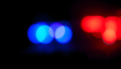Blurred blue and red emergency vehicle lights glowing in the dark, creating an abstract bokeh effect at night.