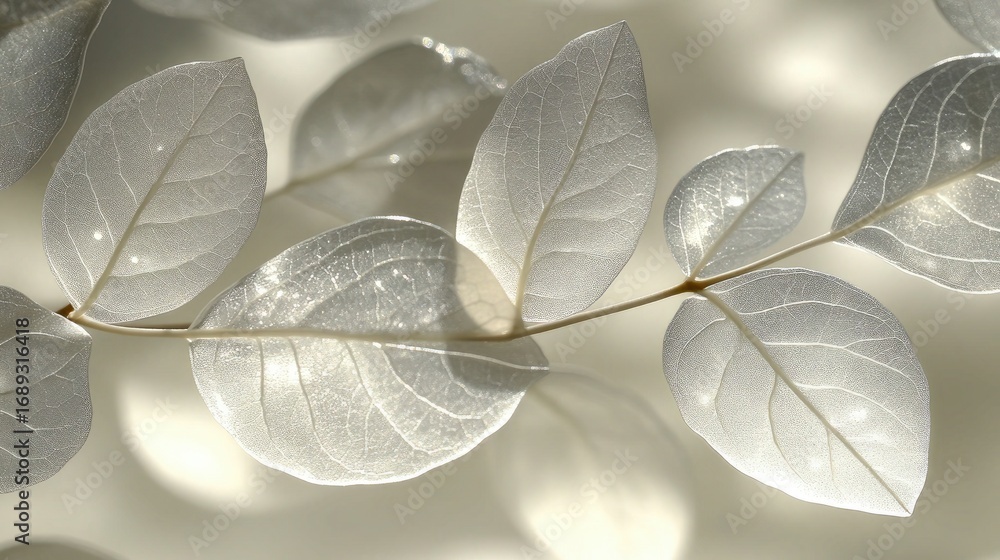 Poster delicate skeleton leaves on a branch, softly illuminated on a neutral background. use it for natural