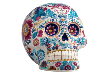 Colorful decorative skull with intricate floral patterns and vibrant colors, showcasing traditional craftsmanship and cultural significance Day of the Dead. on a transparent background