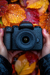 Person holding camera in front of leaves.